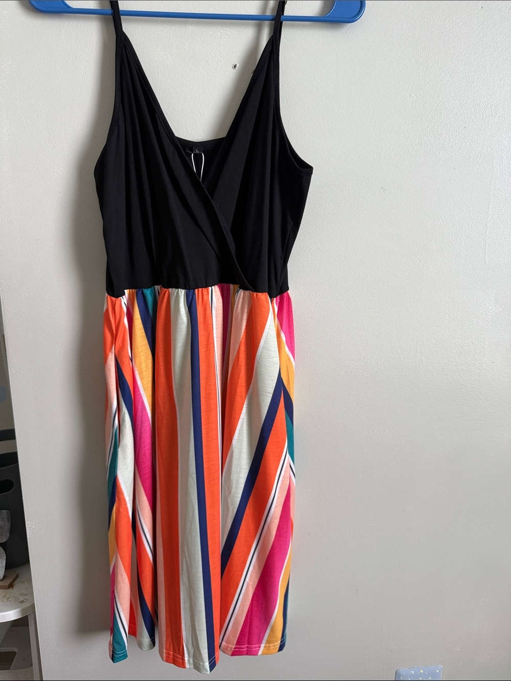 Black & Multi-Color Striped Midi Dress with V-Neck